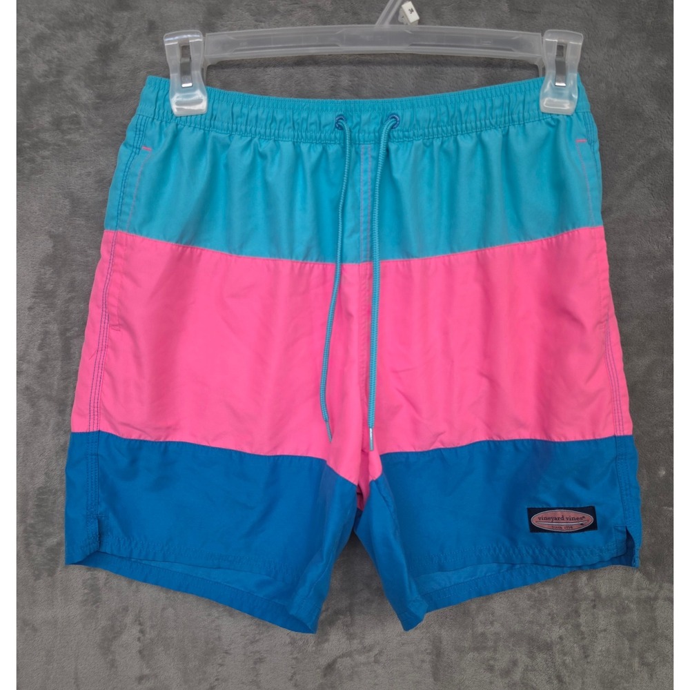 Vineyard Vines Mens Colorblock Chappy Piped Swim Trunks Pink Blue Turquoise Med